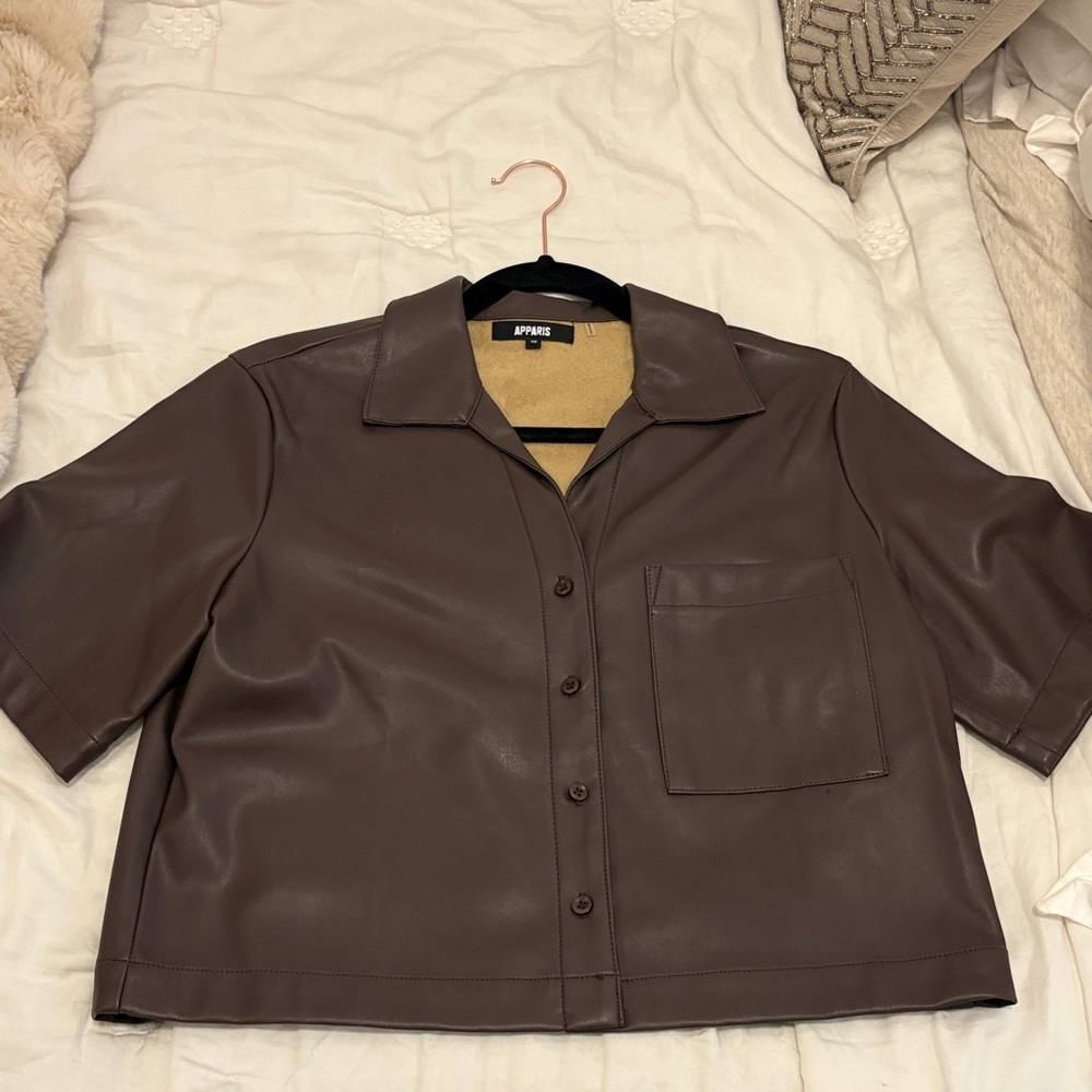Apparis Chocolate Brown Vegan Leather Short Sleeve Button-Up